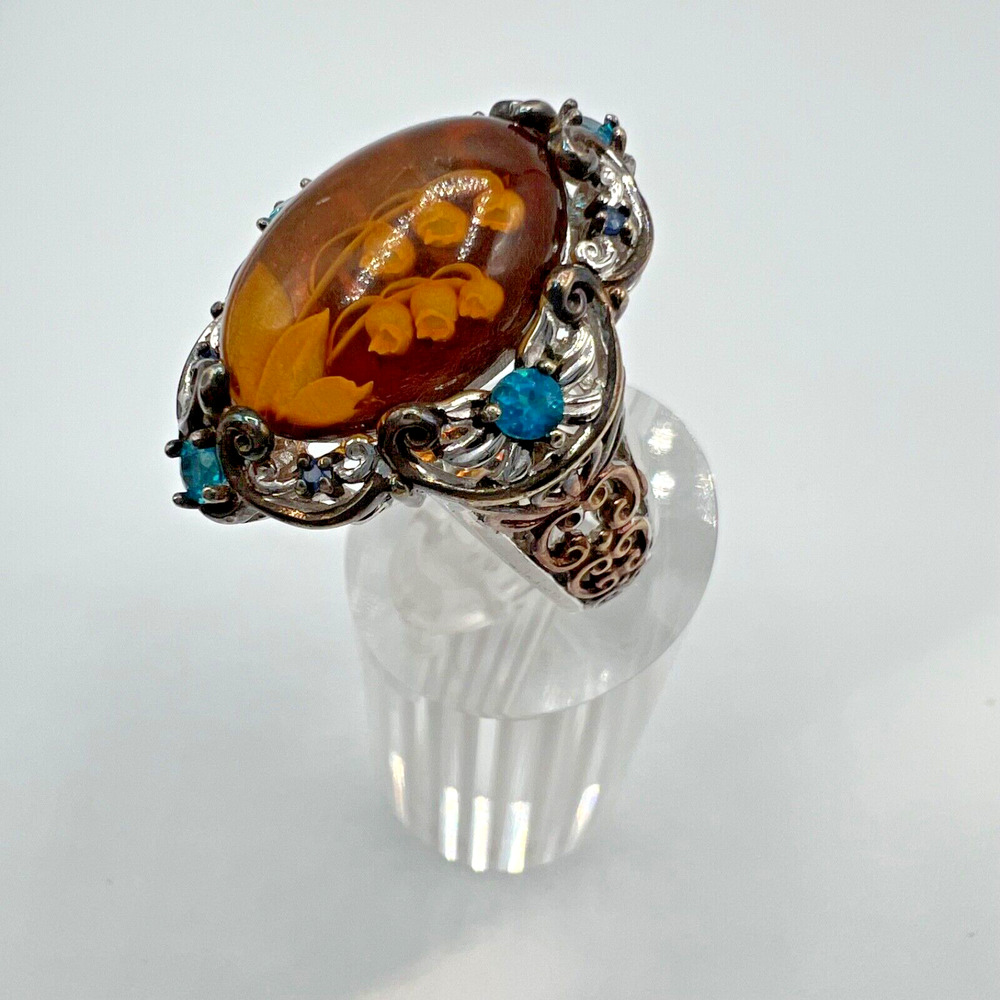 GEMS EN VOGUE MICHAEL VALITUTTI Sterling Silver 925 Carved Amber Ring - Size 9.5